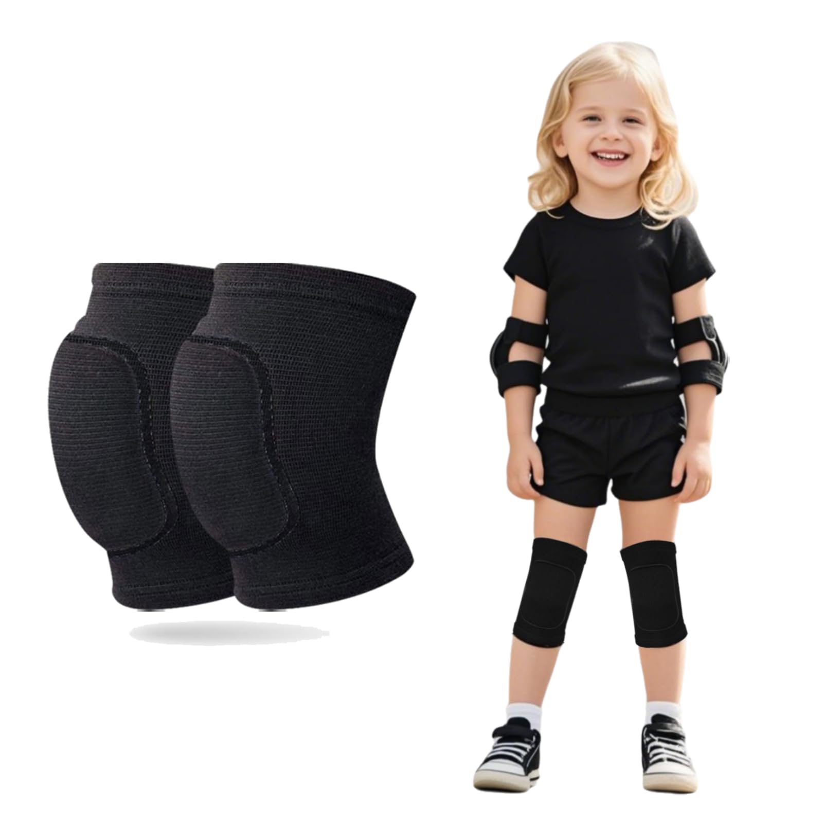 HUSHRICH Knee Pads for Kids Age 7-12 Years, Volleyball Knee Pads Thick Sponge Youth Girls Boys Anit-Slip Dance Knee Support Kneepads Brace for Volleyball Dance Yoga Running Climbing Black