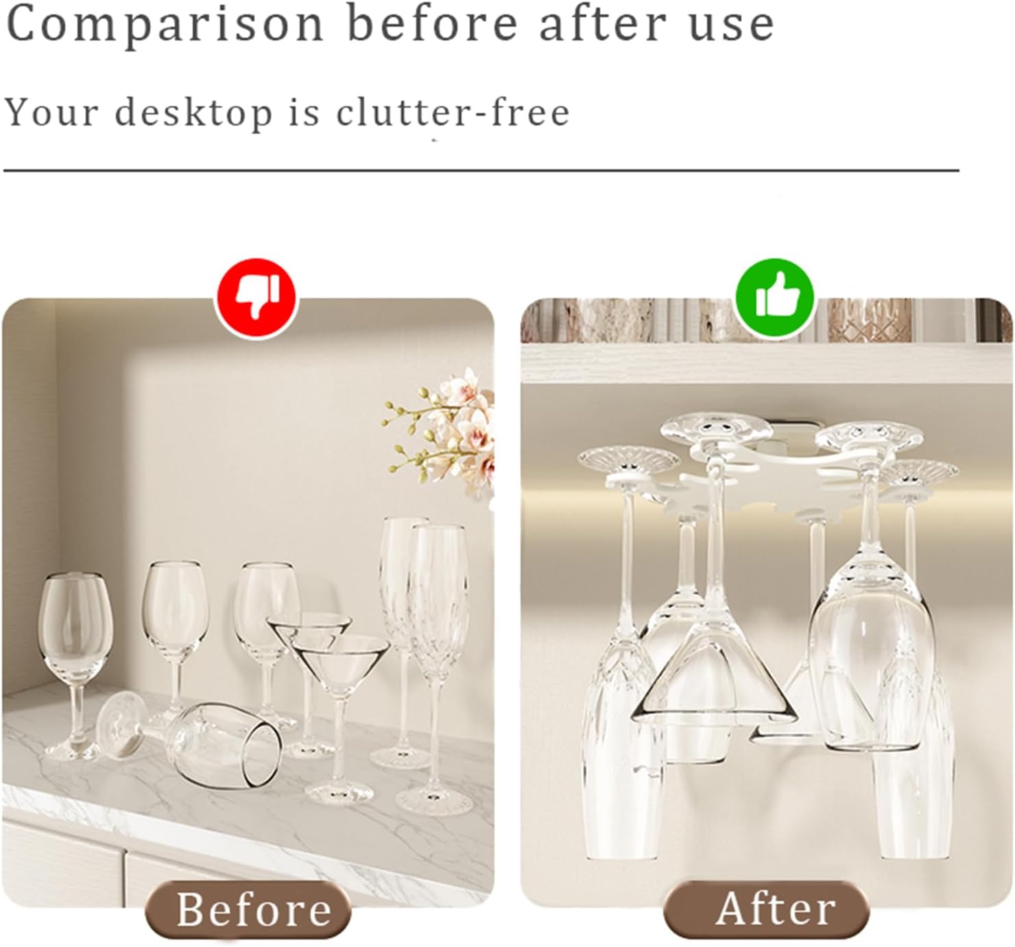 Under Cabinet Wine Glass Holder, 360° Infinitely Rotating Wine Glass Holder, 2PACK No Drilling Wine Glass Rack for Kitchen, Dining and Bar.(White)