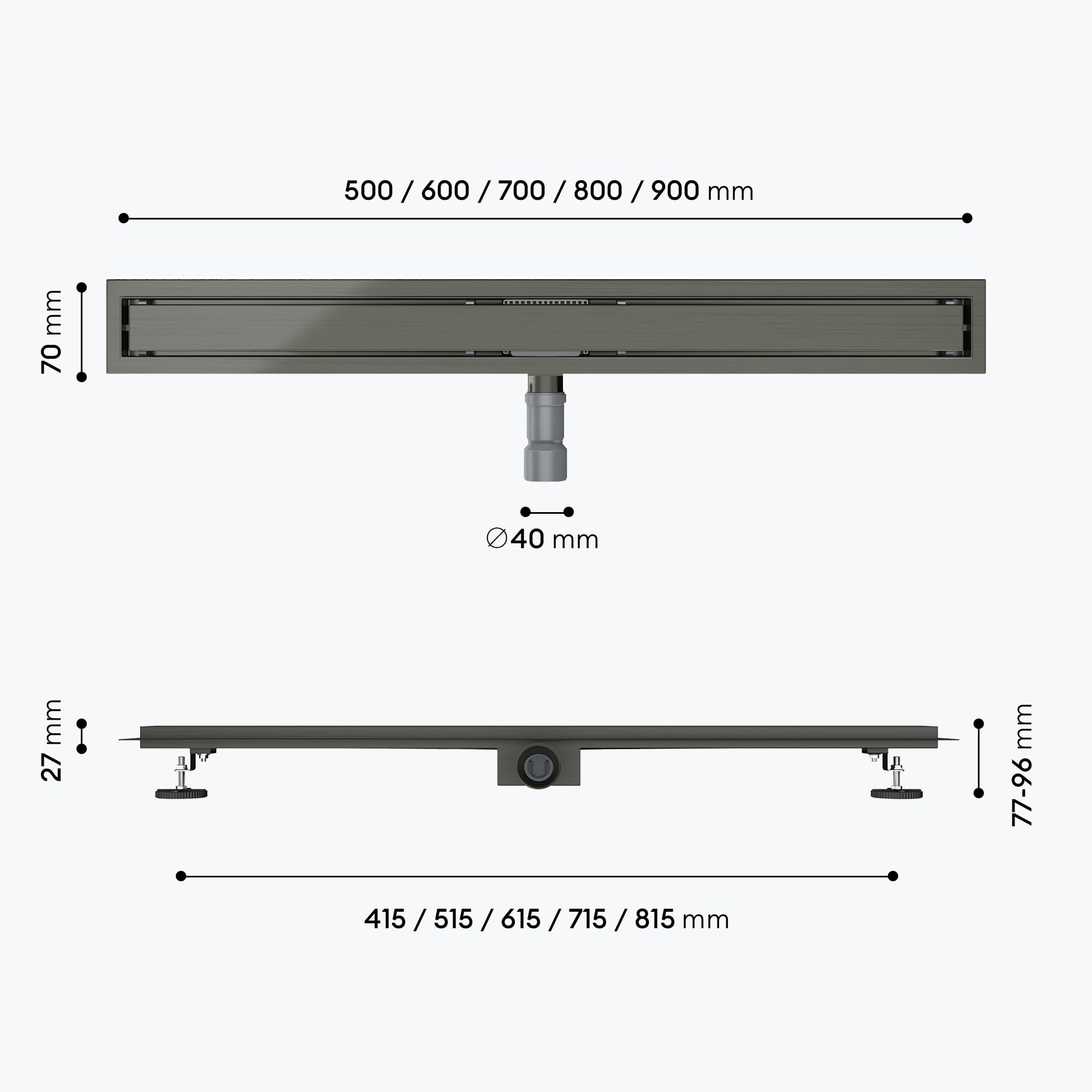 Mai & Mai Canaleta de Ducha de Acero Inoxidable sifón de desagüe para Cuarto de baño Rectangular, Canal de Drenaje Gris de 90cm con dispositivo desodorante y filtro de pelo 35L/min KE110