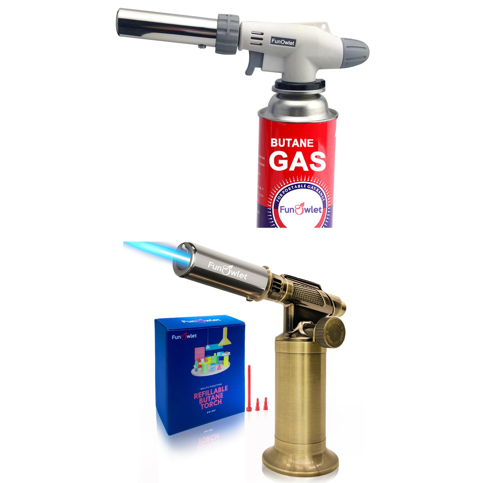 2 Pack Powerful Cooking Torch Lighter - Culinary Kitchen Torch, Sous Vide, Charcoal Lighters Campfire Starter, Flame Thrower Fire Grill Gun for Searing Steak, Creme Brulee, BBQ(Tank Not Included)