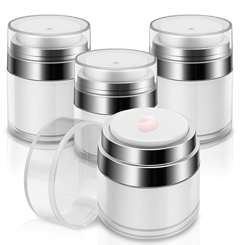 4 Pcs Airless Pump Jar With Labels, Refillable Cream Jar Vacuum Bottle Travel Size Empty Container for Cream and Lotion(2 pcs 1oz, 2 pcs 0.5oz)