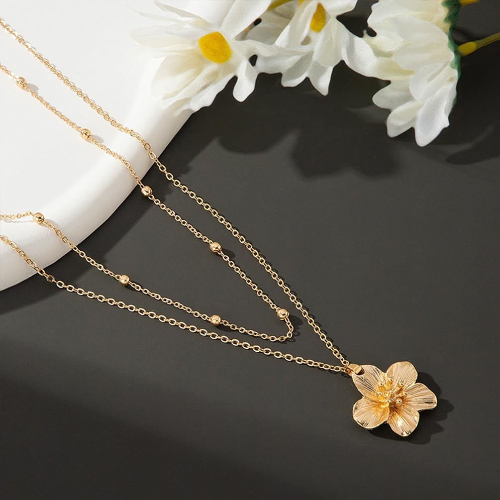 Charm Gold Flower Y2k Layered Necklaces for Women Statement, Trendy Vintage Chunky Metal Pleated Floral Pendant Necklace Hawaiian Party Jewelry Gifts - Image 5
