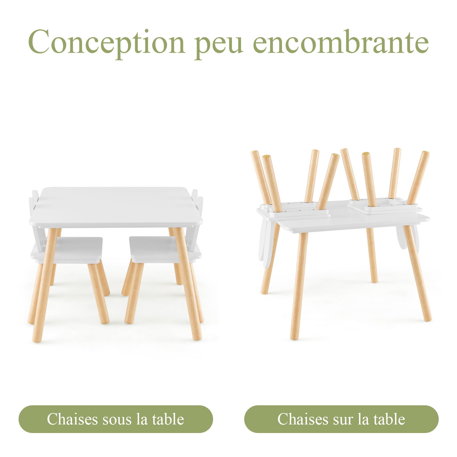 LIFEZEAL Ensemble de Table et Chaise pour Enfants 3-6 Ans, Table Enfant avec 2 Chaises en Bois, Chaise avec Dossier en Forme de Lapin, Charge de 20/40 KG, Table de Jeux 60x60x43 CM (Blanc)