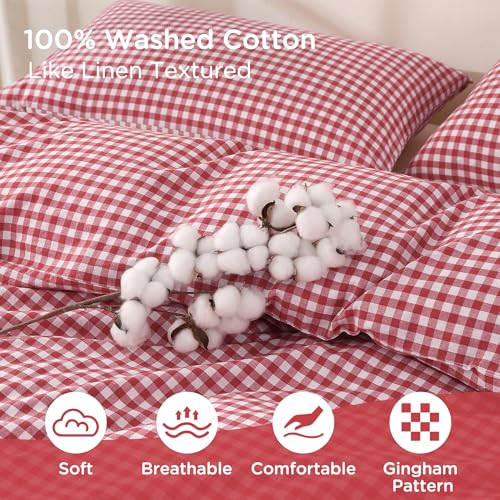 Image of TOCOMOA Red Gingham Duvet Cover Bedding Set 100% Washed Cotton Like Linen Feel Super Soft Comfortable 3 Piece Cute Plaid Checkered Comforter Cover Set (King 104 inchx90 inch, Comforter Not Included)
