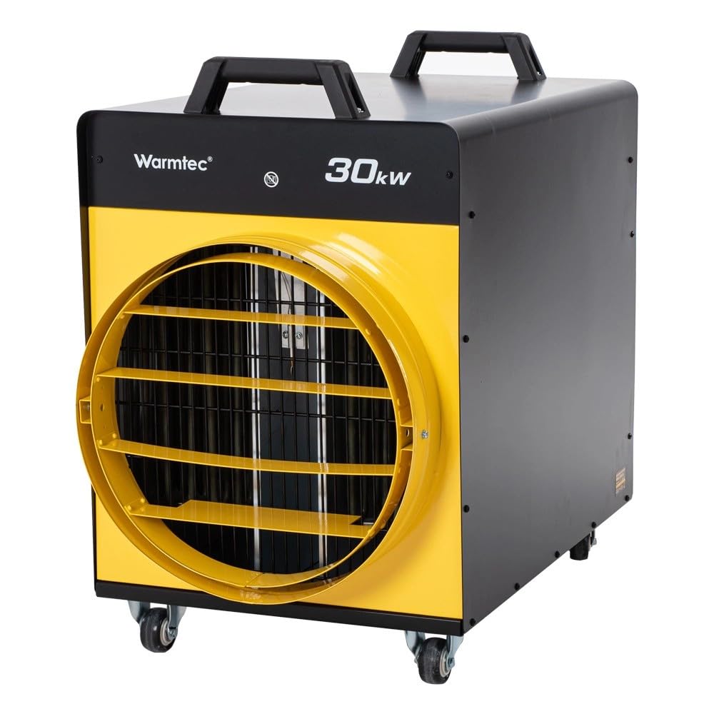 WARMTEC Termoventilatore con termostato 30 kW - Riscaldatore da cantiere 400V per Garage e Officina - Stufa Elettrica con Protezione IPX24, Struttura in Acciaio, protezione contro il surriscaldamento