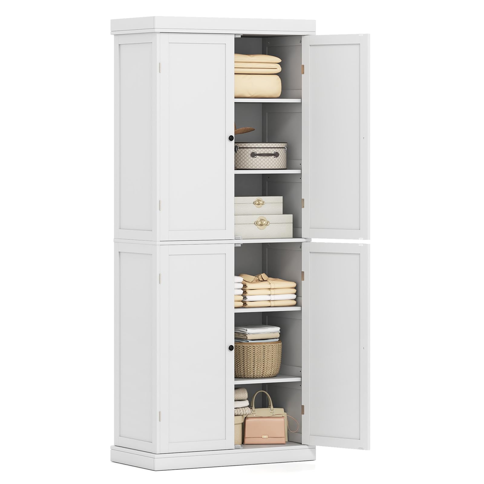 COSTWAY 6 stöckiger Garderobenschrank, Kleiderschrank mit 4 Türen & verstellbaren Regalen, Mehrzweckschrank Küchenschrank, Hochschrank für Badezimmer, Esszimmer, Büro, 76 x 40 x 184,5 cm, Weiß