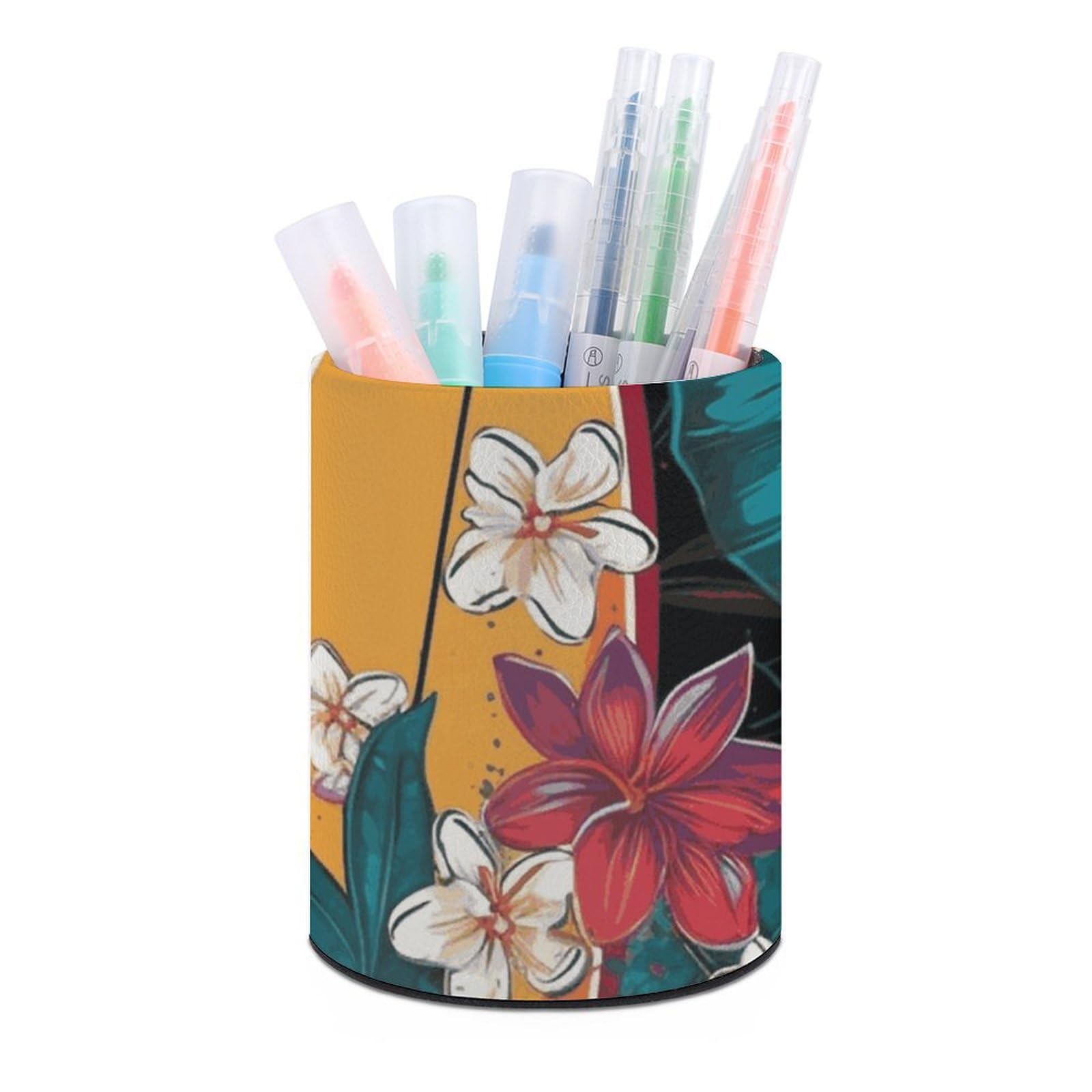 DWVTSLH Aesthetic Pen Holder for Desk - Modern Leather Pencil Holder - Stylish Round Makeup Brush Holder - Surfboard And Flowers Pen Cup Cute And Functional Desk Organizer for Office Supplies