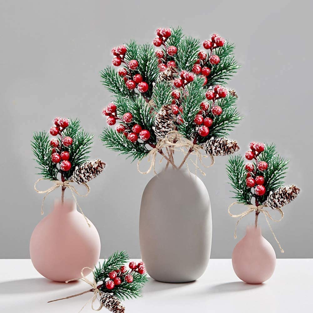 pizarra Red Stems Pine Branches Evergreen Christmas Berries Decor 8 PCS Artificial Pine Cones Branch Craft Wreath Pick