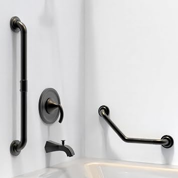 Knurled Grab Bars for Bathtubs and Showers, 24in Straight &16in Angled Combo, ADA Compliant, Matte Black
