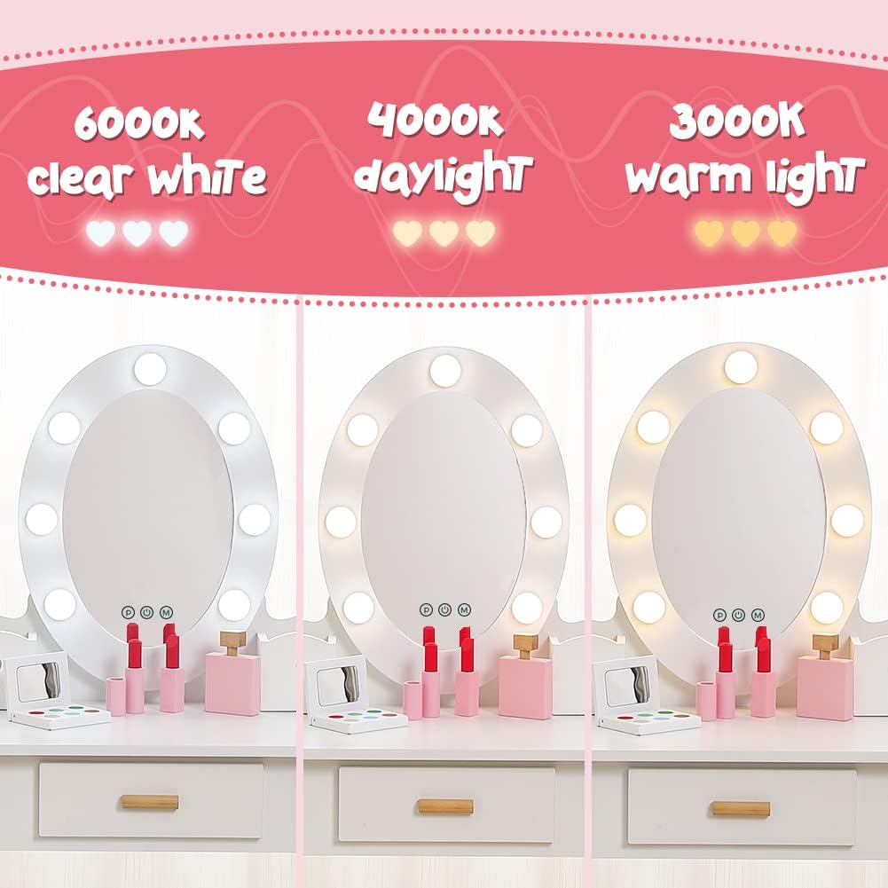 PrecisionAuto Touch-Light Princess Vanity Set for Girls – Wooden Kids Makeup Table & Stool with Mirror, 2 Color Choices (White/Pink), CPSIA Certified Toy Storage Playset for Ages 4-9