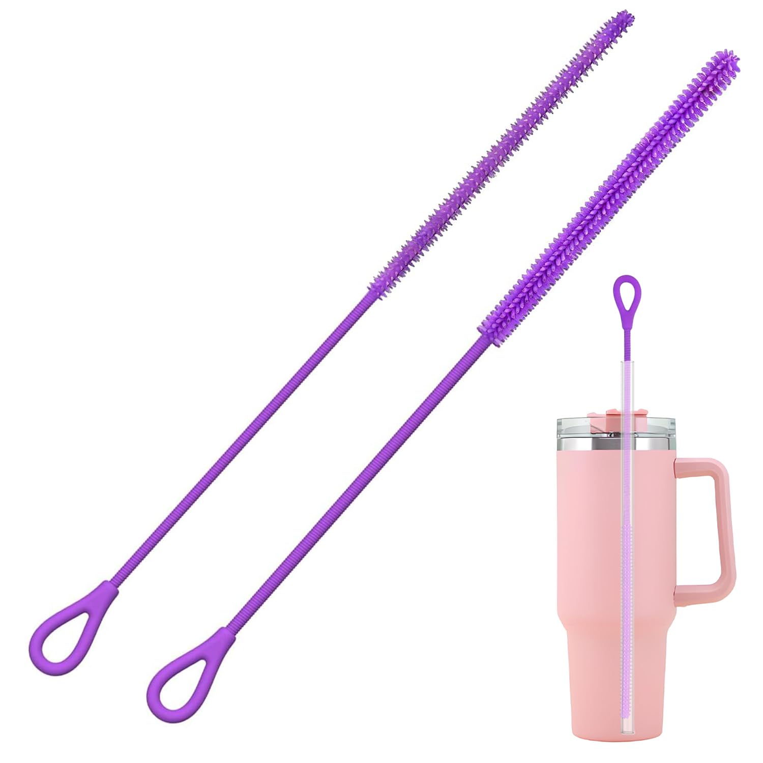 2 Pcs Cepillo Limpia Pajitas Silicona,Cepillo Limpiador de Pajitas Flexible Extralargo,Reutilizable y Colgante,Mango Antideslizante (Morado)