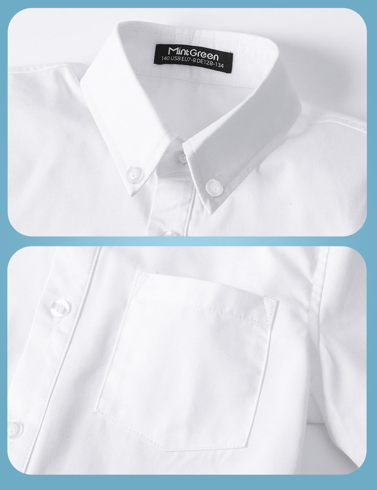 mintgreen Garçons Chemises Scolaires Enfants Coton À Boutons Uniforme Unie Manches Courtes Vêtements, 7-14 Ans