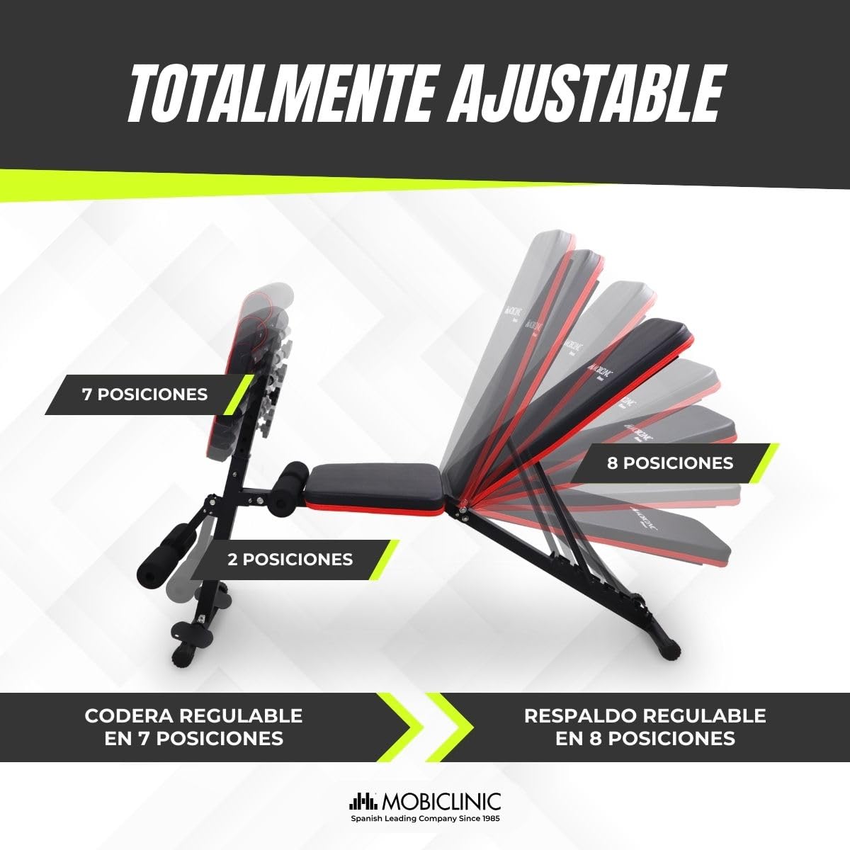 Mobiclinic®, Banco de Musculación, Con Cintas de Resistencia, Plegable, Con Ruedas, Multifunción, Press de Banca, Ajustable, Declinable e Inclinable, Hasta 120KG, Planefit, Gimnasio en casa