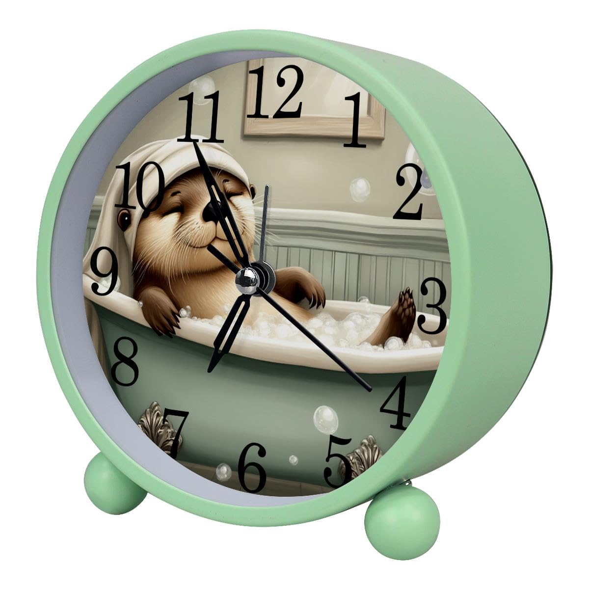 Luoweisi Alarm Clock Otter, Silent Non-Ticking with Night Light, Round Metal Alarm Clock for Office, Battery Operated, Bedroom, Elderly, Adults, Children, Student Gifts