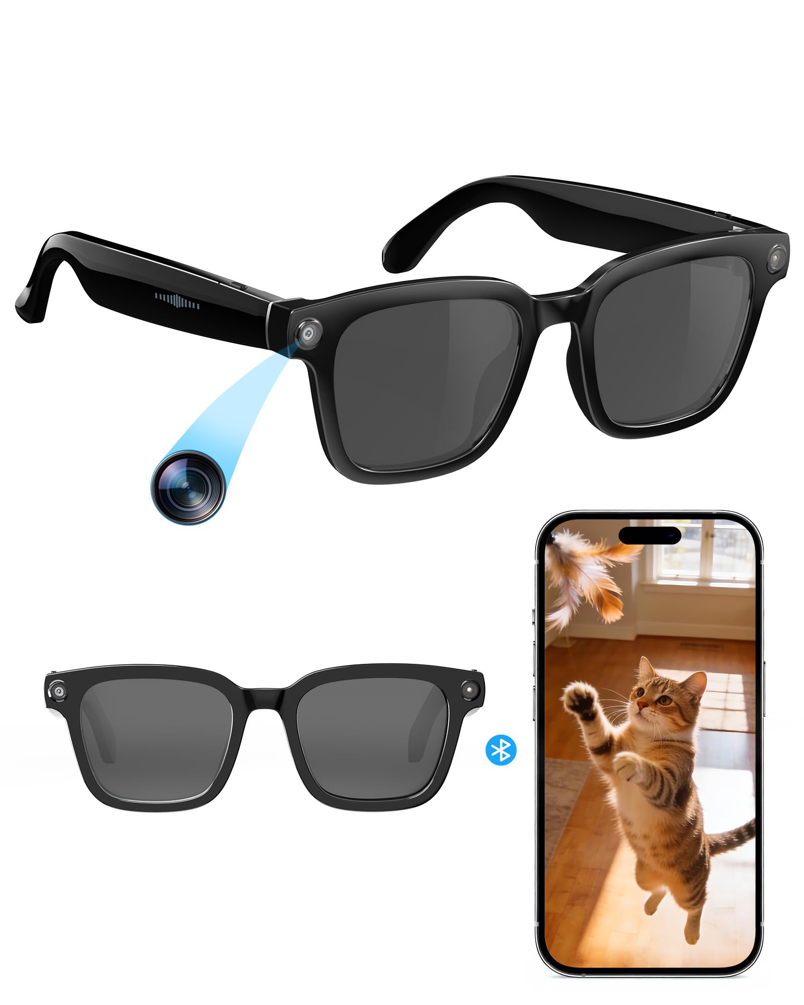 Smart-Glasses with Camera and Audio 8MP HD Camera Smart-Sunglasses for Men Women 1080P Video Recording AI Glasses Real