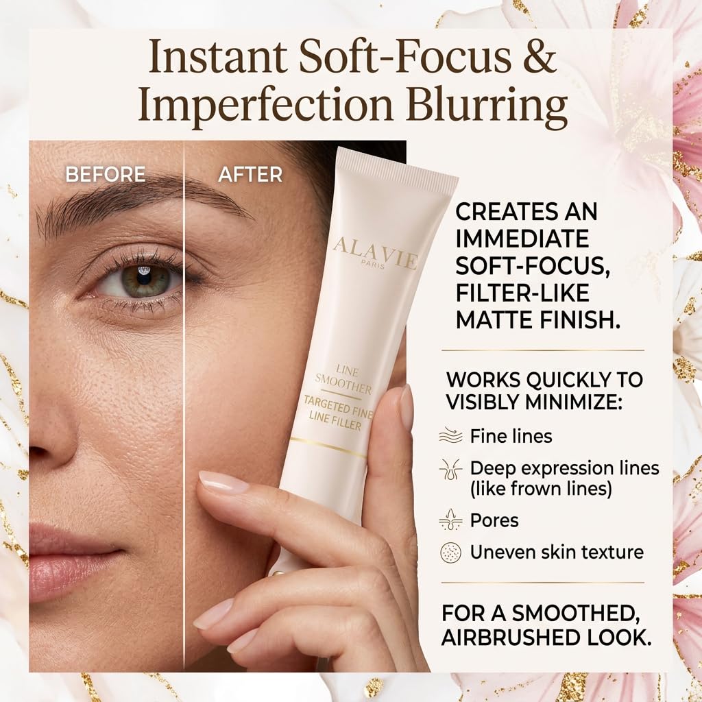 Alavie Paris Line Eraser, Alavie Paris Line Eraser Precision Primer for Wrinkles & Pores, Smoothing & Blurring with Vitamin C, Niacinamide & Hyaluronic Acid, Subtle Tint, Cooling Applicator (1Pcs)