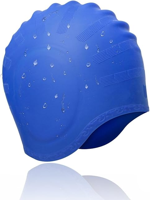 Swimming Cap, Waterproof Silicone Unisex Swimming Hat Long Hair Hat with Ear Cover for Women and Men for Water Sports (Blue)