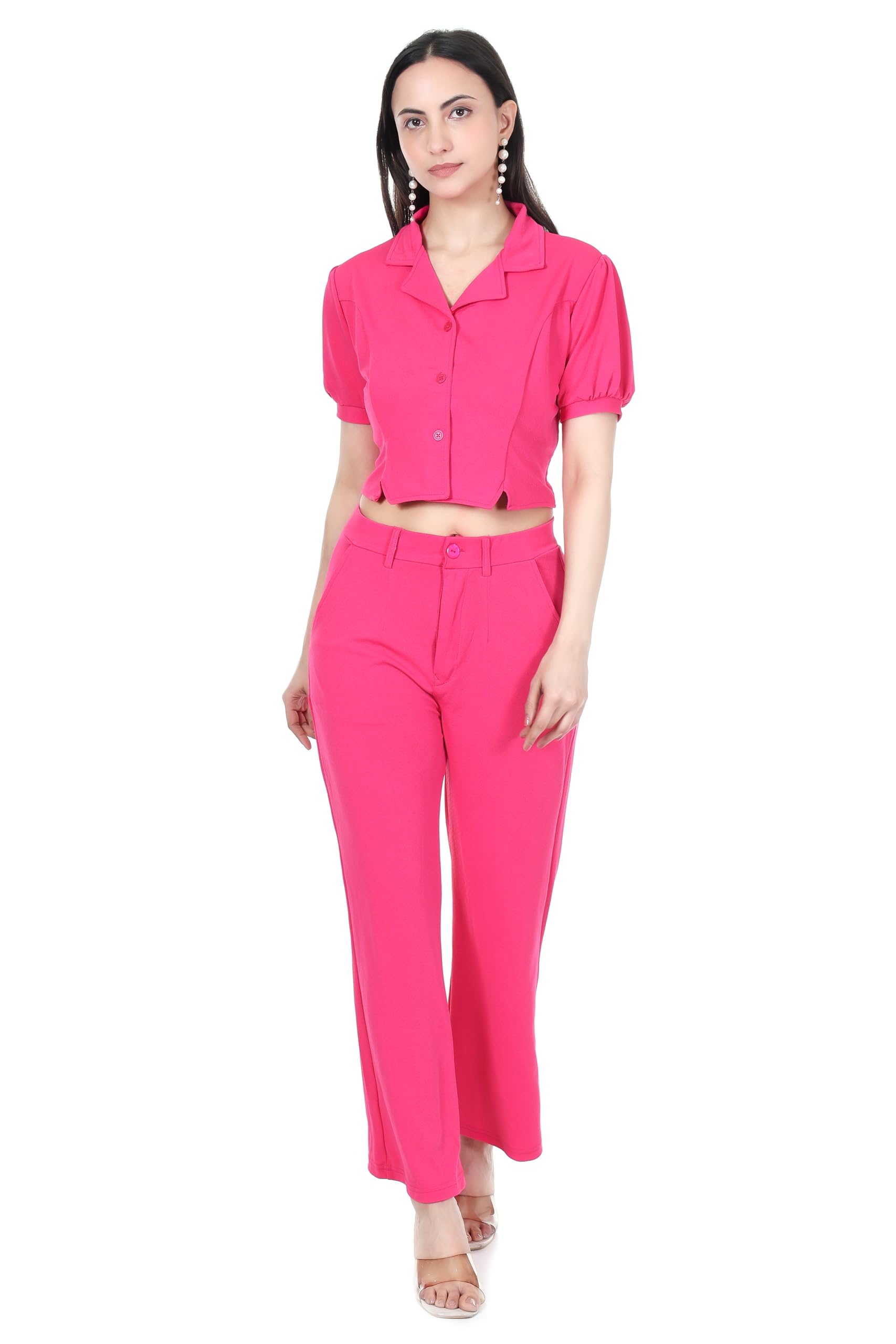 boosty Women's Co-ord Set, Cropped Button-Down Top with Puff Sleeves and Wide Leg Pants-picture-50