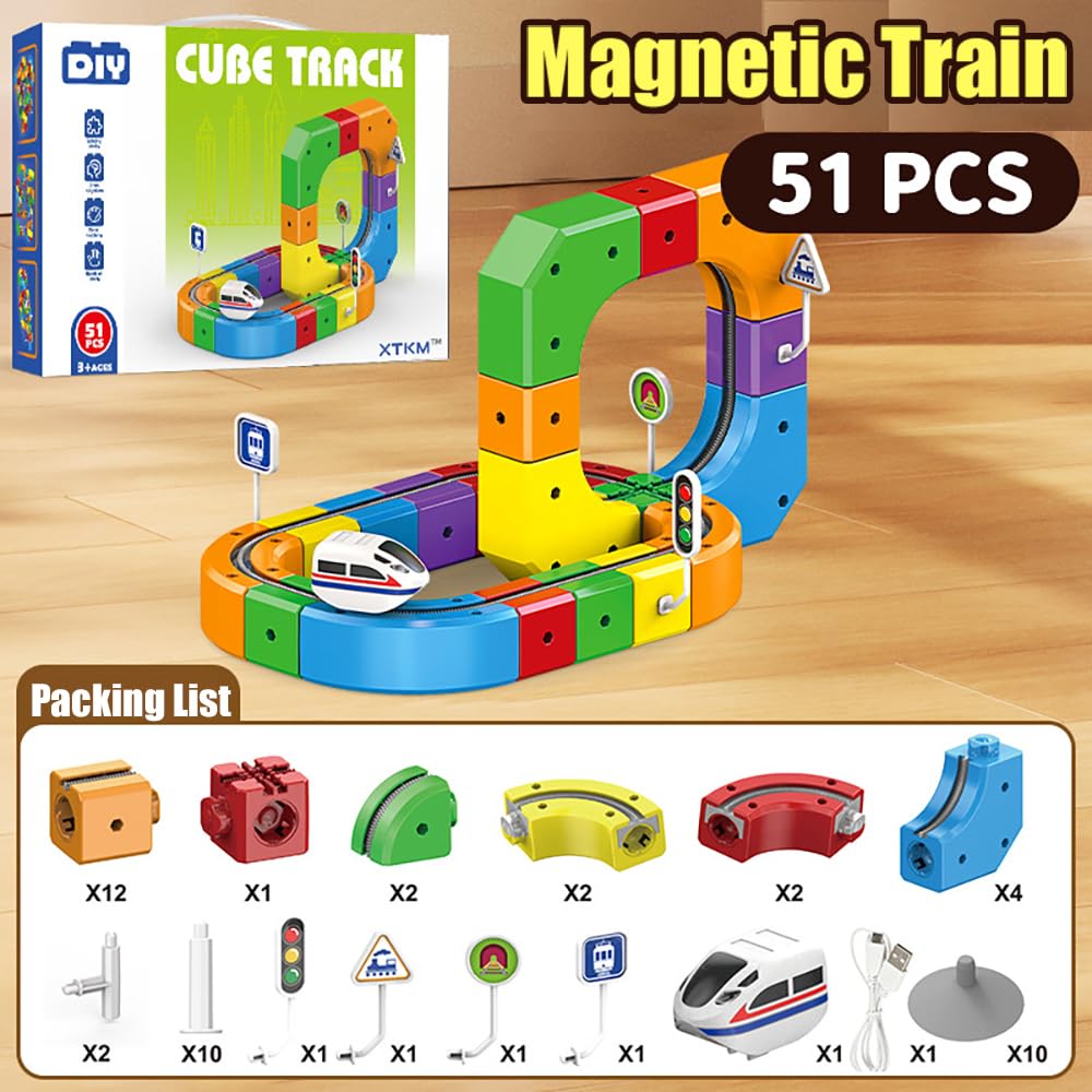 Treno Elettrico per Bambini Set, Trenino Giocattolo con Pista, Layout 3D Incorporati per Bambini Didattico di 3 4 5 6 7 8 Anni, Giochi Regalo Natale/Compleanno (51pcs)