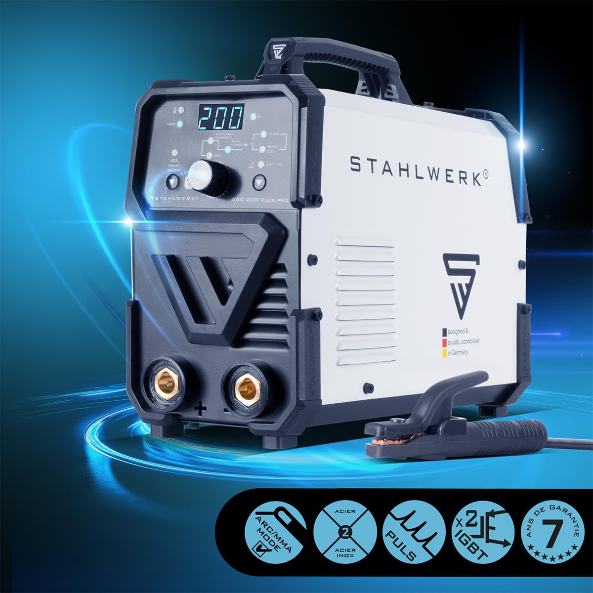 STAHLWERK Poste à souder à l'électrode ARC 200 Puls Pro – Soudage sans gaz, compact MMA, électrode, Inverter Lift-TIG de 200 A, Hot Start, Arc Force, Antistick, technologie IGBT, fonction Pulse