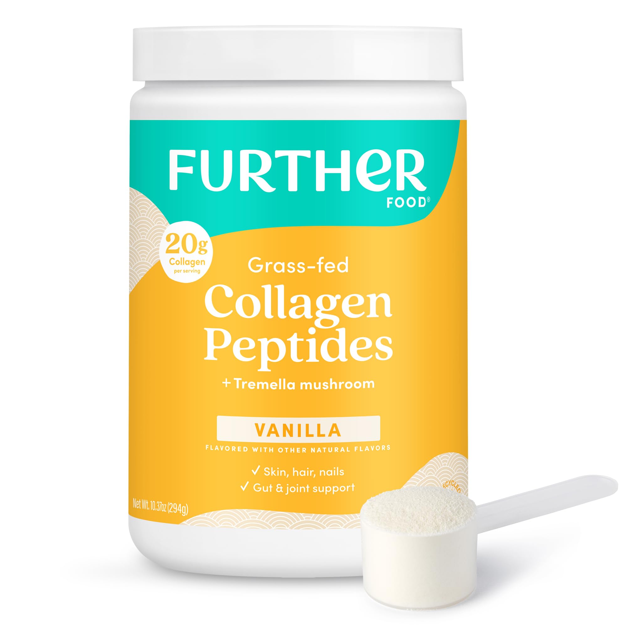 - Vanilla Collagen Peptides Powder with Tremella Mushroom – 100% Grass-Fed, Hydrolyzed Type 1 & 3, 20g of Collagen per Serving, Supports Skin, Hair, Nails & Joints, 10.37 Oz