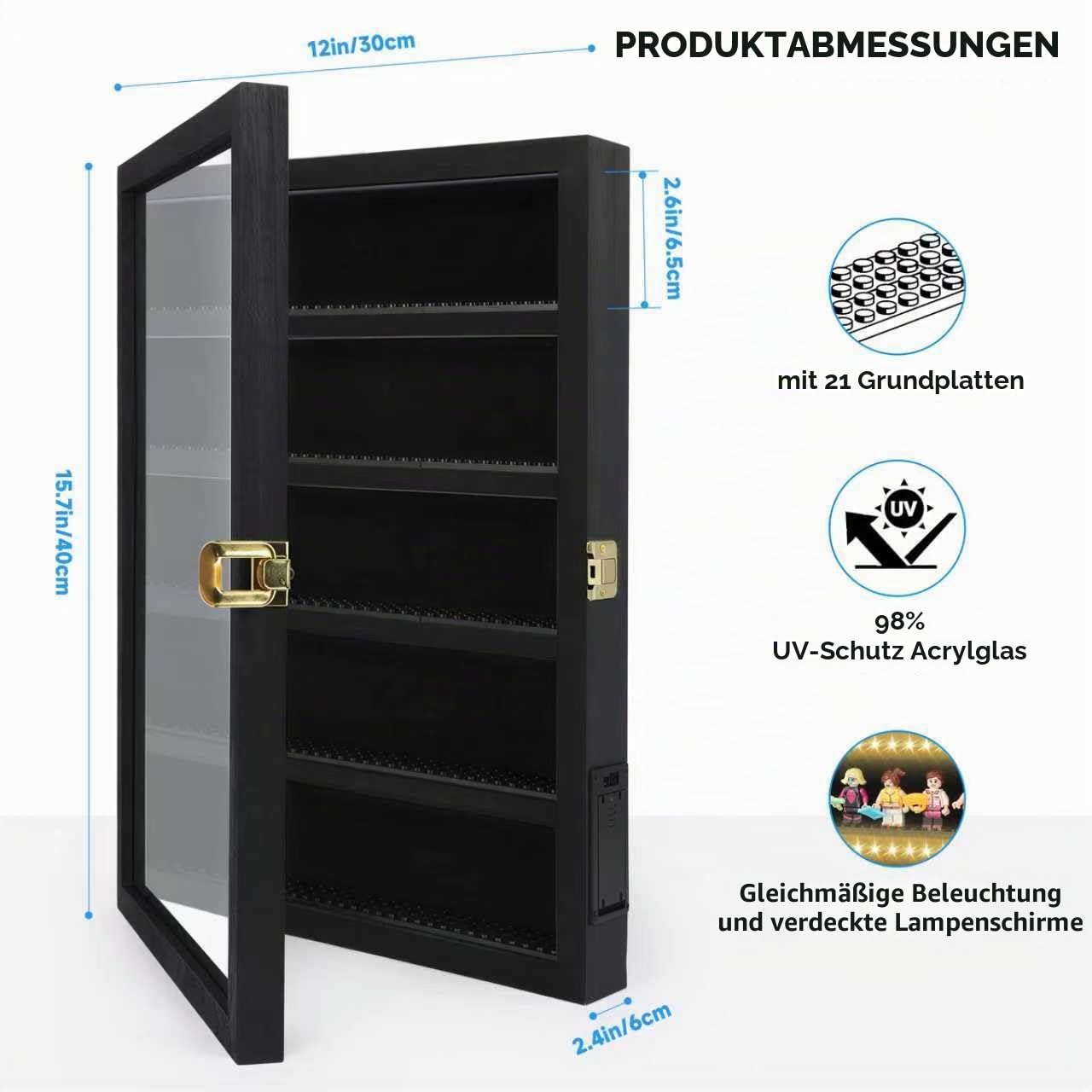 Minifiguren-Vitrine, schwarz, 40,6 x 27,9 x 5,9 cm, Vitrine mit LED-beleuchteten Regalen, Mini-Figuren-Vitrine mit eingebauten Füßen, batteriebetrieben, kabellos, Sammlungsdisplay