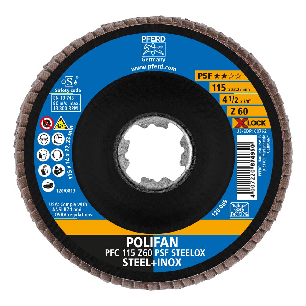 PFERD Lot de 10 disques à lamelles Polifan - 115 mm - Z60 - X-LOCK (22,23 mm) - PSF STEELOX - Pour une grande économie grâce à un usinage agressif avec une bonne durée de vie