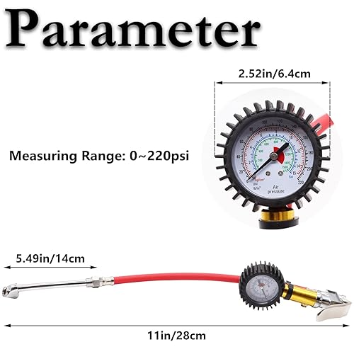 Miniatura 4 de Medidor de presión de neumáticos con inflador, manómetro de aire de 220 PSI para neumáticos, lector de presión de 2.5 pulgadas, mandril de aire