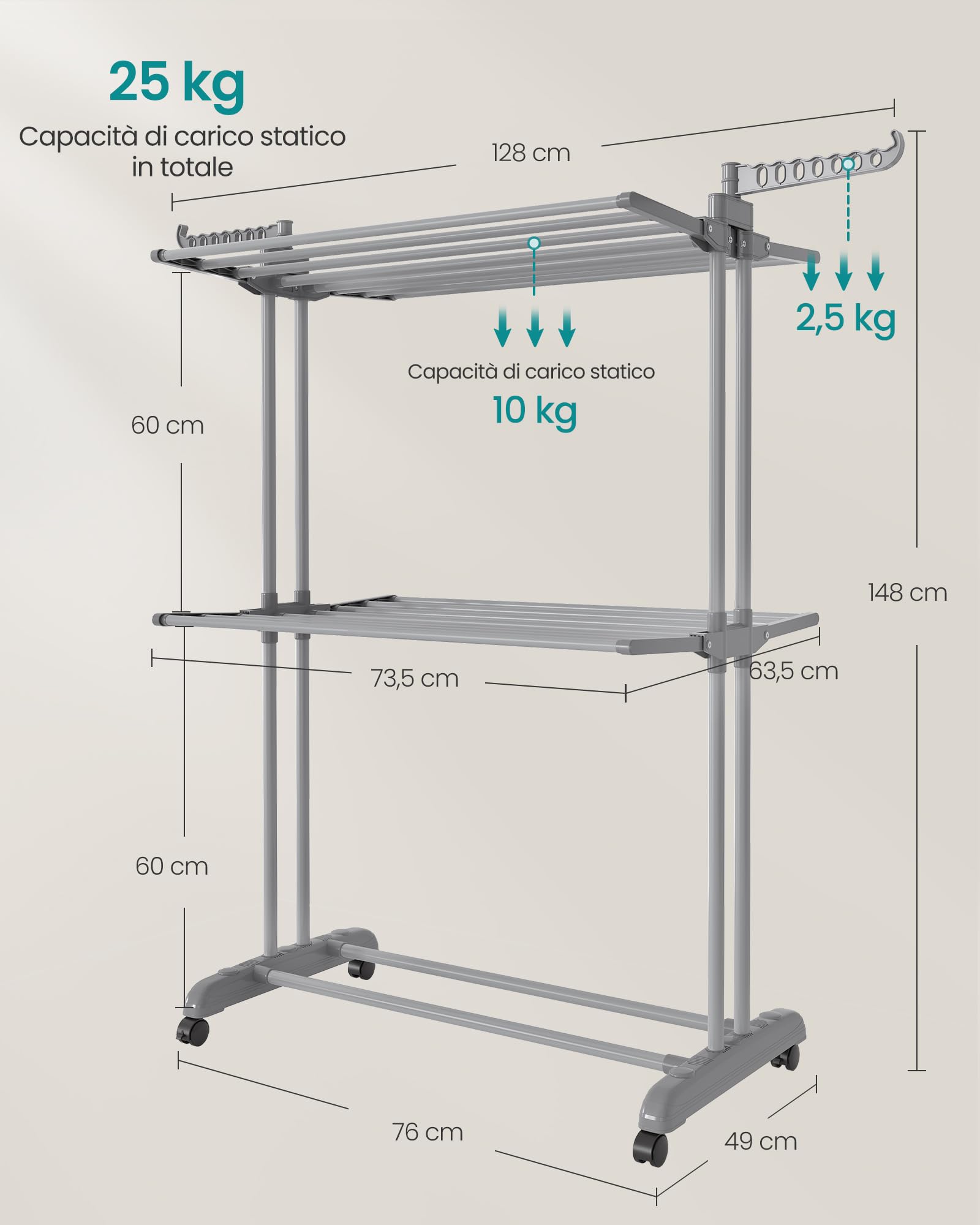 SONGMICS Stendibiancheria, Stendino Pieghevole a 3 Livelli, con Ruote e Ali Richiudibili, 63,5 x 128 x 148 cm, Capiente, Uso Interno ed Esterno, Grigio Tortora LLR702G01