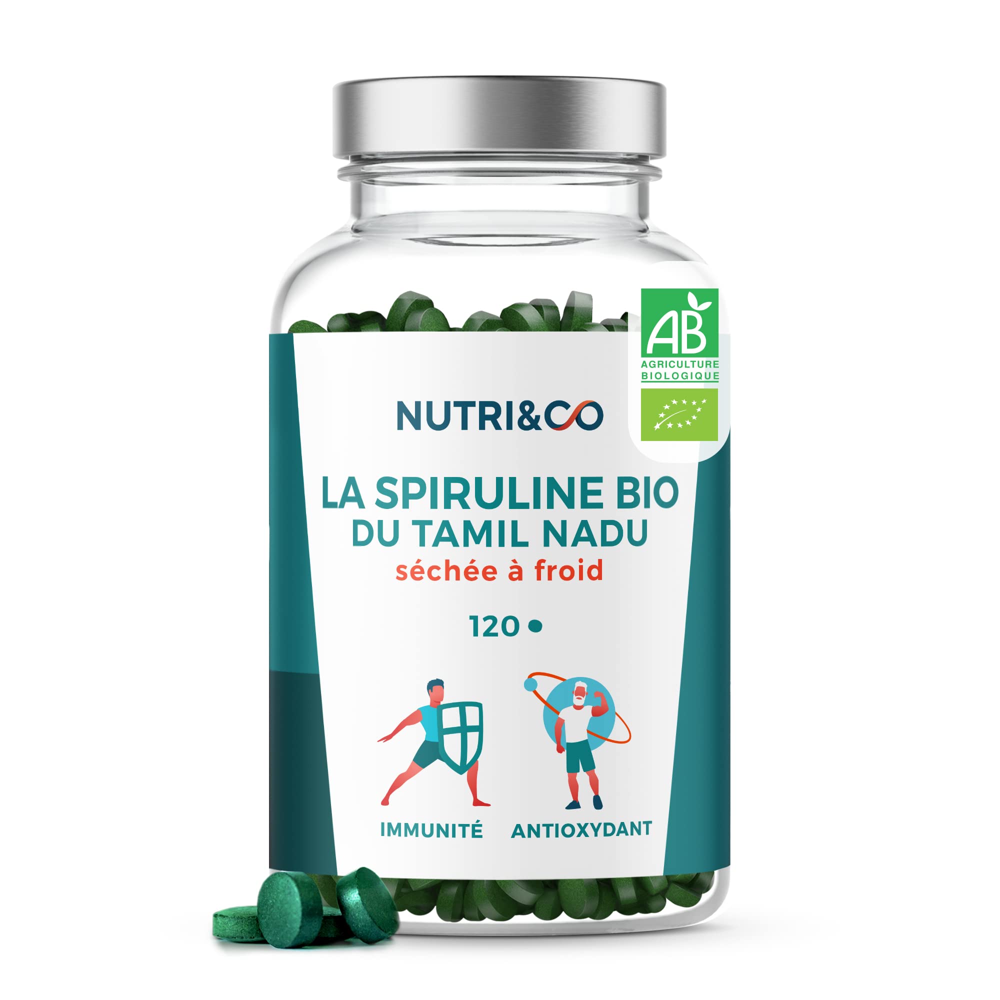 NUTRI & CO Organic Spirulina - Up to 19% Phycocyanin - Rich in Protein Vitamin B12 Antioxidant - Immunity - 120 Tablets of 500 mg Vegan Without Excipients - Packaged in France