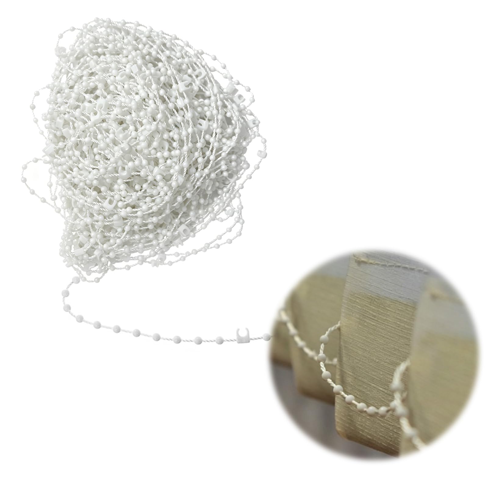 20 Meter Vertical Blinds Chain Replacement with 200 Clips, Replacement Repair Parts Kit for 89mm (3.5 Inch) Slats, Durable White Plastic Beaded Cord for Vertical Blind