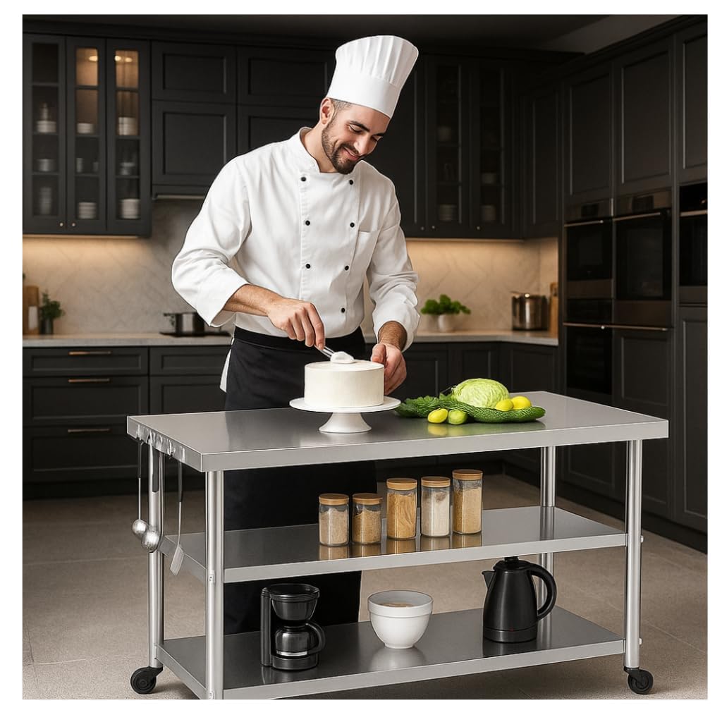 Stainless Steel Table with Wheels for Food Preparation and Work, Multi-Size Optional, Three-Layer Variable Two-Layer Metal Commercial Workbench Outdoor, Restaurant, Kitchen (51" Lx24 Wx34 H)
