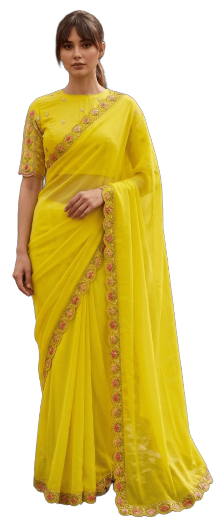 Women’s Georgette Ready To Wear One Minute Sequin & Beads Embroidery Work Scallop Border Saree With Blouse Piece (ReadySaree102_Parent)-image-32
