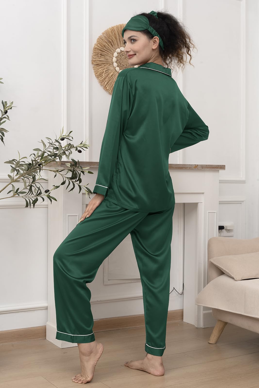 WJing Yi Jia Conjunto largo de pijama de satén de seda para mujer, 3 piezas, sexy, camisola, ropa de dormir, conjunto de pijama sedoso, ropa de descanso, pijamas XS-4XL