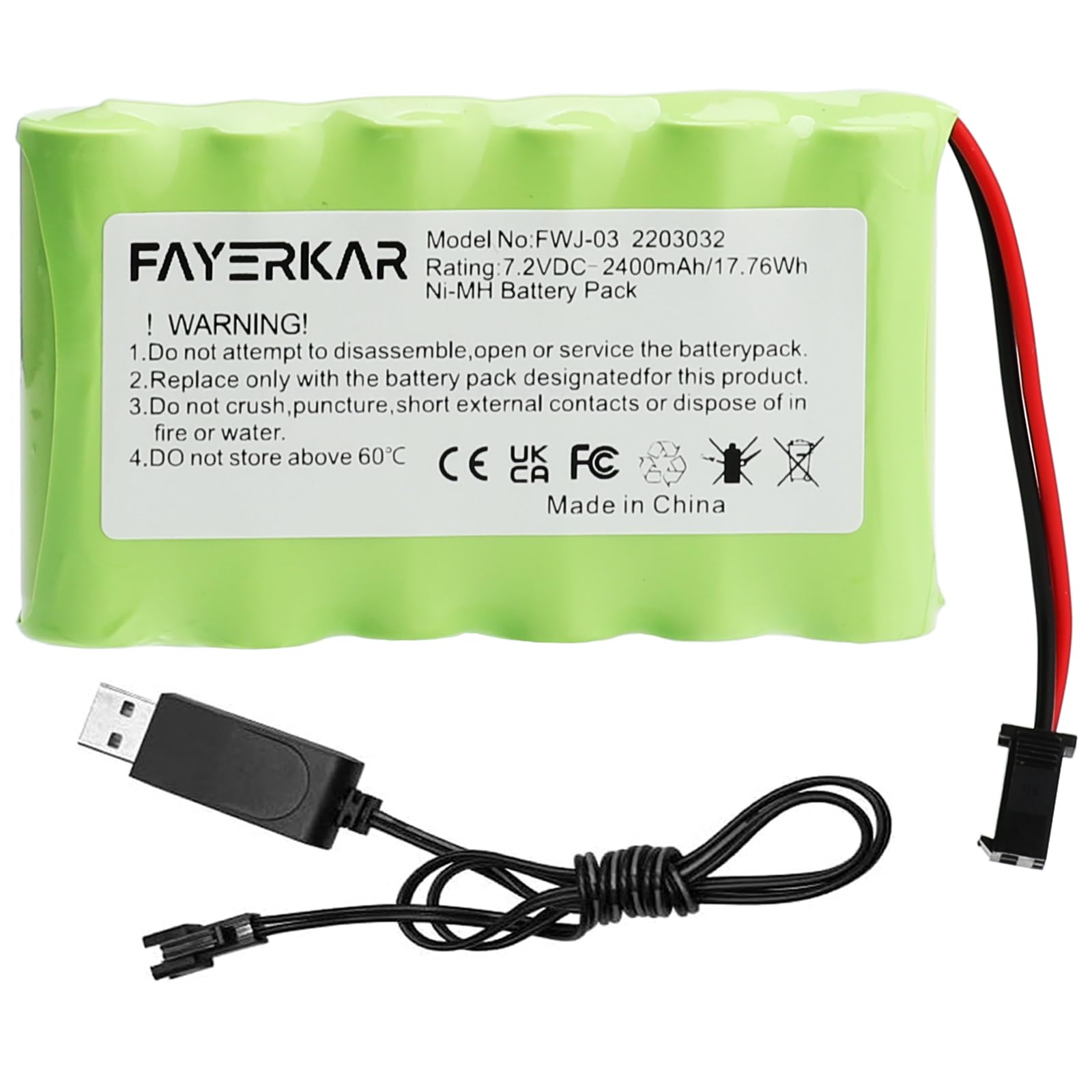 7.2 V NI-MH Battery Pack, 2400 mAh Rechargeable AA RC Car Battery, 7.2 V Battery with Charging Cable, SM Plug for Remote Controlled Trucks, Lighting, Power Tools