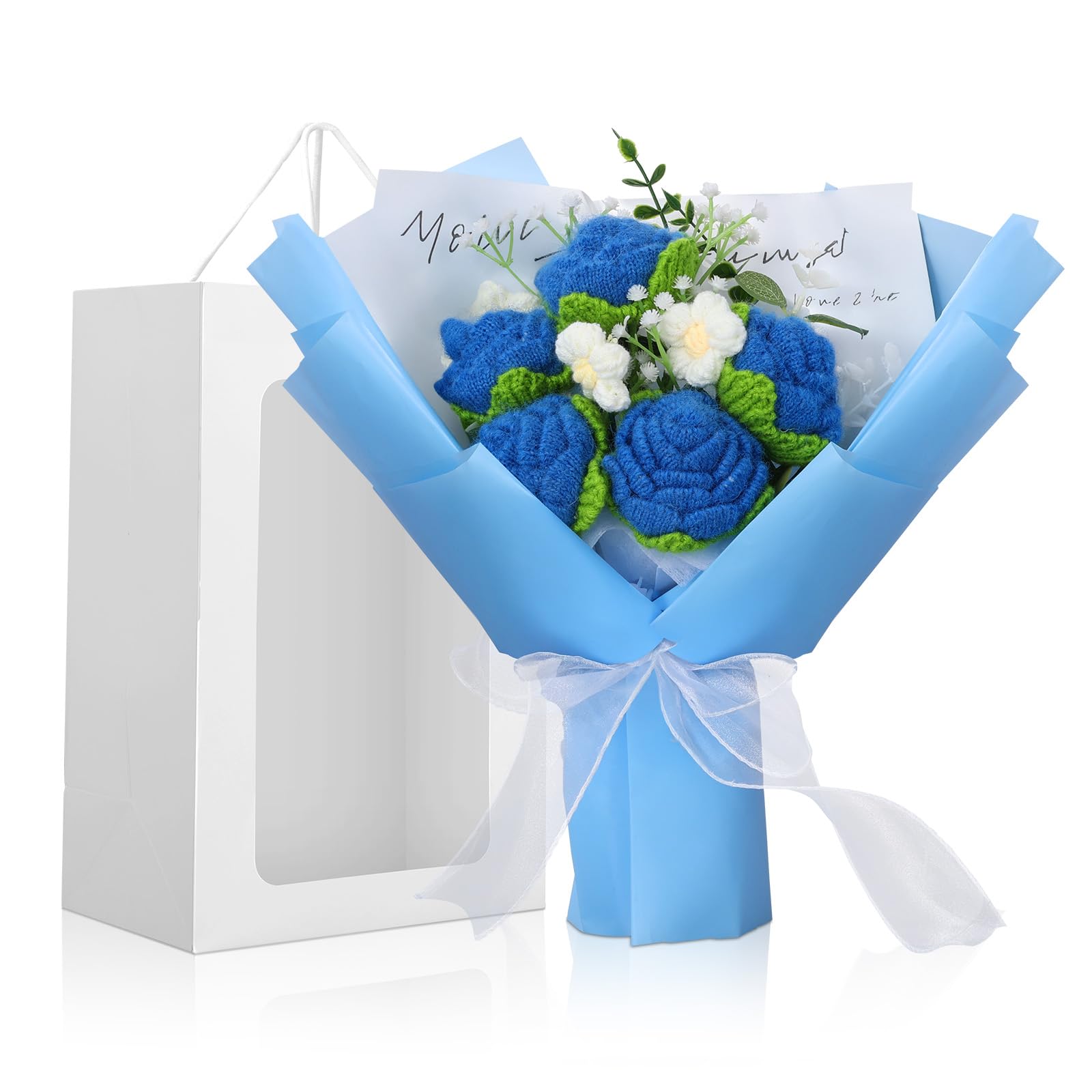 Crochet Flowers Bouquet, Handmade Knitted Rose Bouquet with Gift Bag for Home Deocor, Crocheted Finished Flower for Wedding, Mother's Day, Teachers' Day and Valentine's Day, Blue