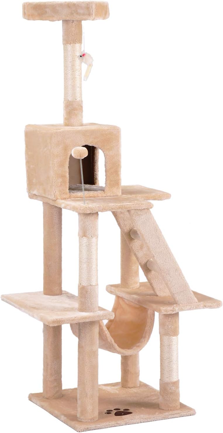 P PURLOVE Cat Kitten Scratching Post Tree with Hammock Scratches Bed Tree Climbing Toy Mouse Activity Centre Scratching Post Play Tower Tree House Home Decorative Furniture (beige)
