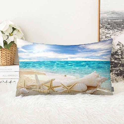 AOYEGO Funda de almohada con diseño de estrella de mar y estrella de mar, color azul tropical, vacaciones, playa, cielo soleado, decoración del