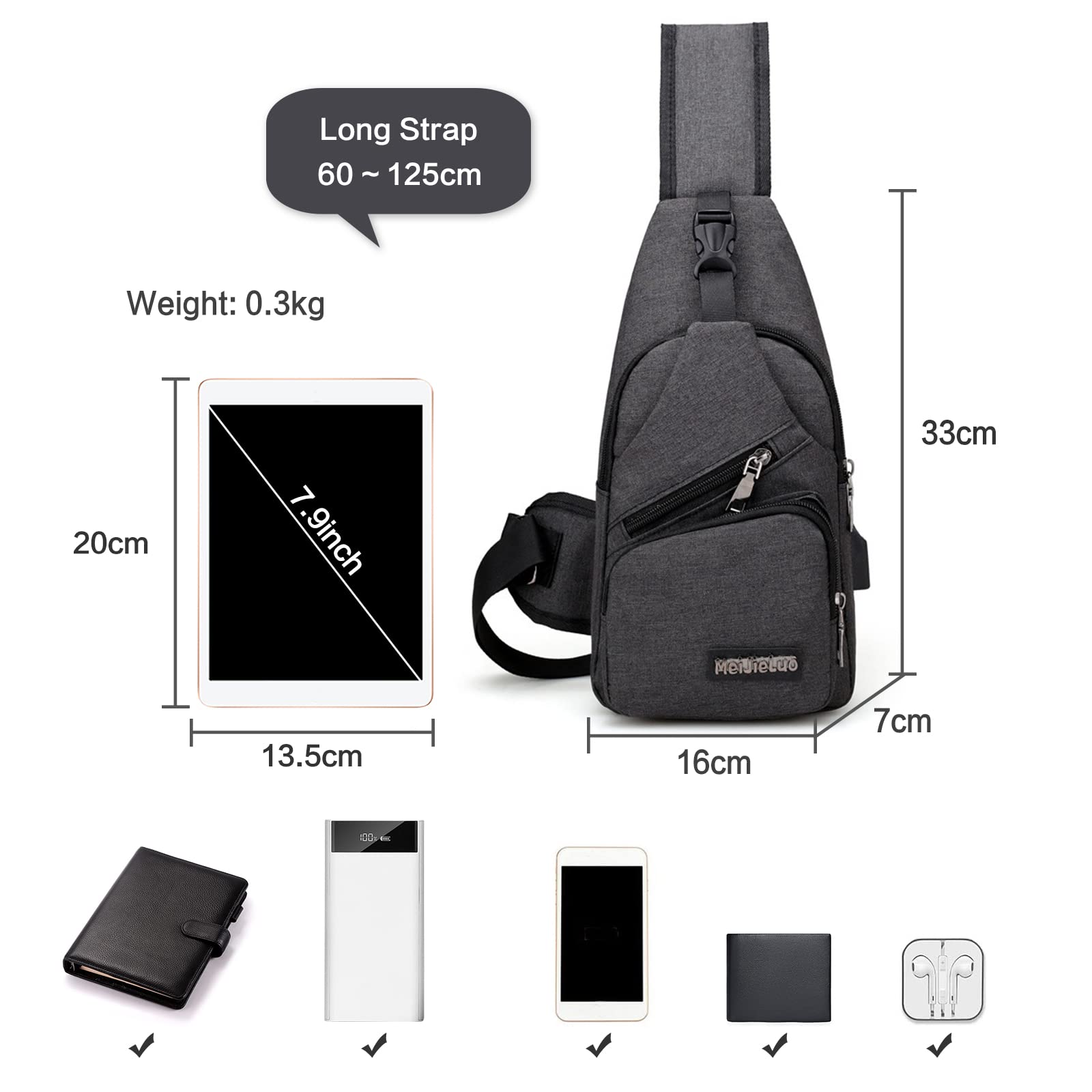 Petit sac à bandoulière pour homme avec port de charge USB, sac de poitrine léger pour randonnée, cyclisme, voyage