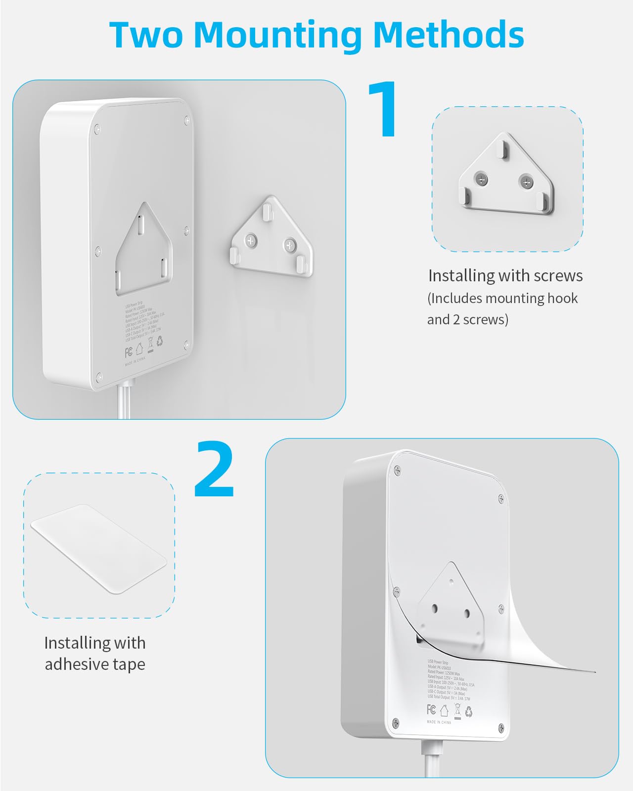 1,5 m Flachsteckerverlängerung mit 4 USB(2 USB C), 6 Steckdosen, Multi-Stecker Expander Wandladegerät, ultradünne Verlängerungskabel, Überspannungsschutz