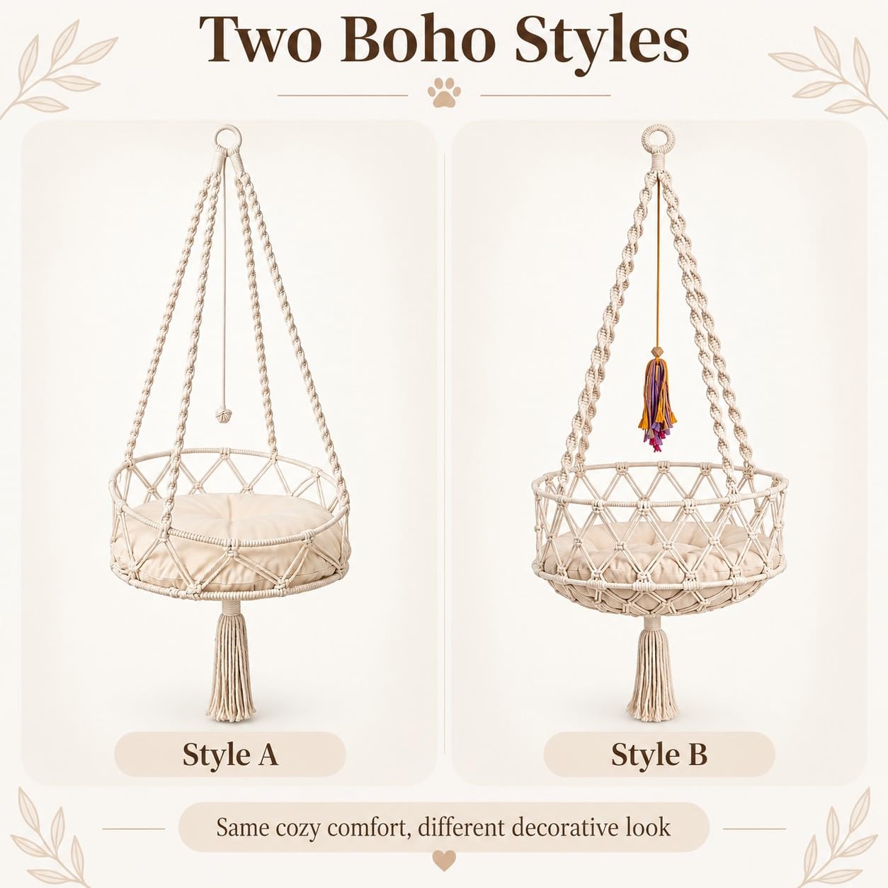 Hamaca para gatos Boho con cojín extraíble, beige-B-L: 50 cm