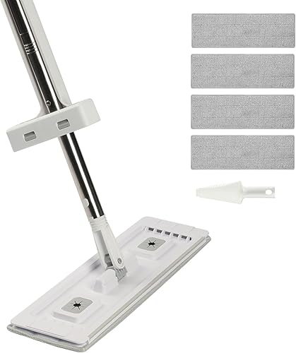 Happybuy Trapeador plano de microfibra con mango autoescurridor, incluye 4 almohadillas lavables para limpieza en húmedo y seco en suelos de