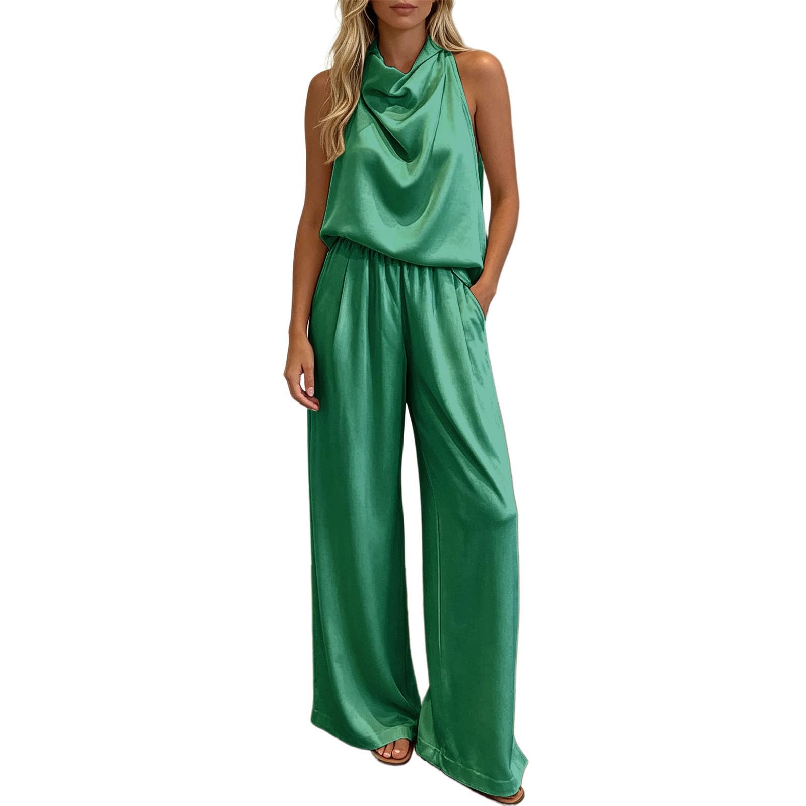 Traje de satén para mujer de dos piezas elegante con cuello desbocado y pantalón 6