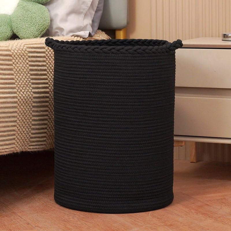Image of Storage Rope Laundry Hamper Basket for Clothes, Towels and Blankets in Livingroom, Bedroom, Laundry Room and Basket for Nursery Storage (Size - 15 inch x 15 inch x 18 inch) (Black Zig Zag)