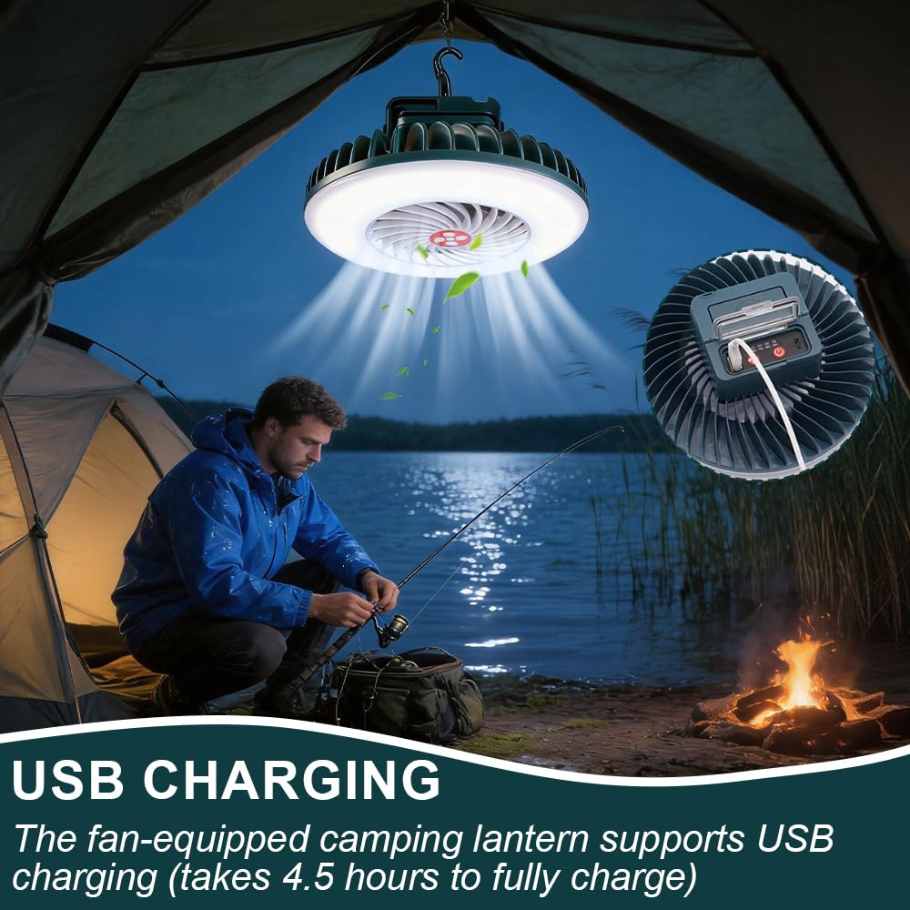 LED Campinglampe mit Ventilator, AVCXEC Camping Ventilator mit Licht, Camping Lampe mit Ventilator, Camping Licht mit USB Aufladbar, Zeltlampe Zum Aufhängen mit Hanging Haken für Campe, Angeln