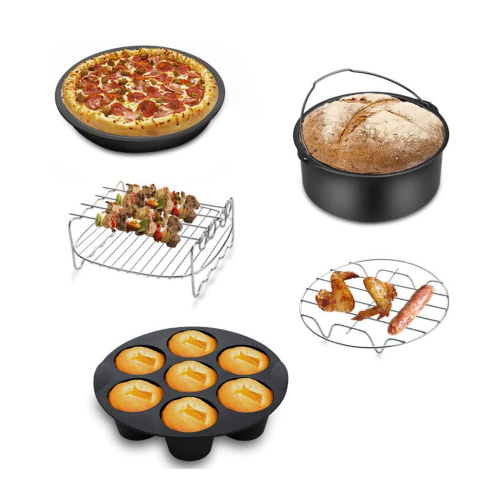 8 Pulgadas Kits De Accesorios Universales Para Freidoras De Aire Juego De 5 Para Todas Las Marcas De Freidoras Profundas De 5.2-5.8QT Incluye Barril Para Pasteles, Parrilla, Alfombrilla De Silicona