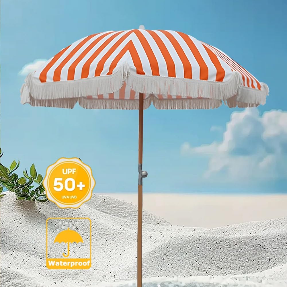 Genérico 220 cm Sombrilla de Exterior a Rayas Naranjas con Borla, Parasol de Playa UPF50+, Sombrilla de Jardín Plegable con Poste de Hierro
