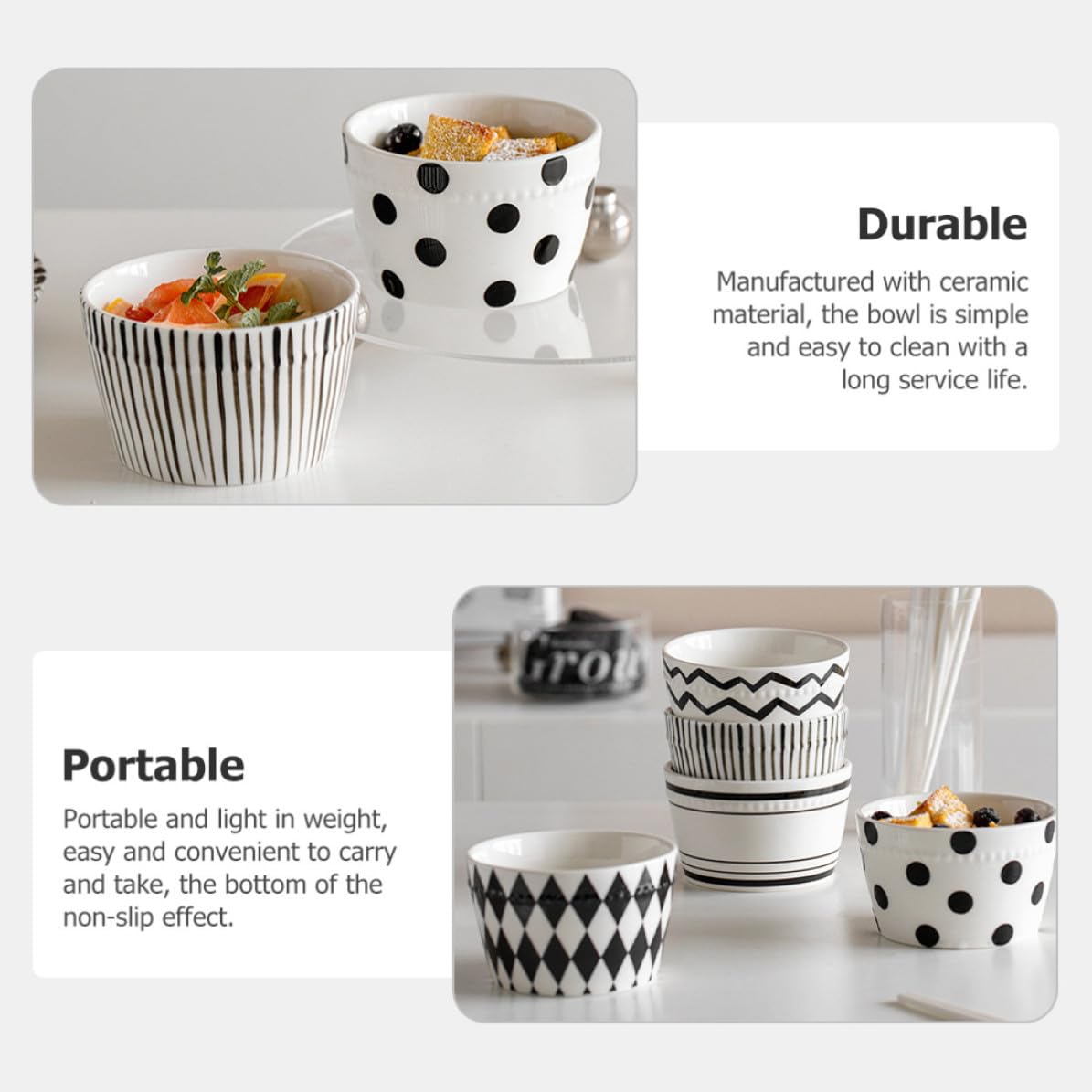 Set di 5 Ciotole da Riso in Ceramica 330ml per Casa | Fondo Antiscivolo, Resistenza alla Rottura, Stile Bianco e Nero, Confezione in Scatola
