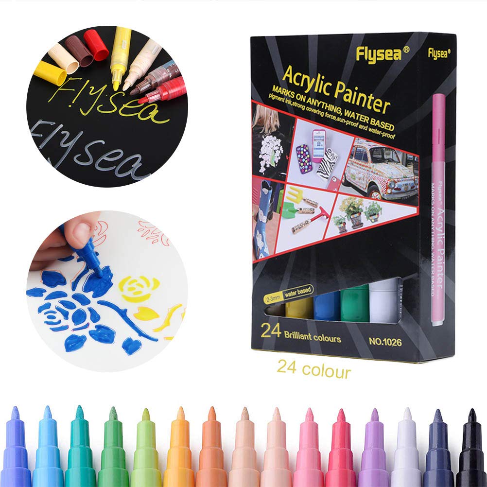 Creacom Acrylic Paint Pens for Rock Painting Ceramic Paint Markers, 12 18 24 28 Colors Acrylic Paint Pens for Rock Painting Ceramic Porcelain Glass Wood Fabric Canvas Paint Markers Set 24 colors