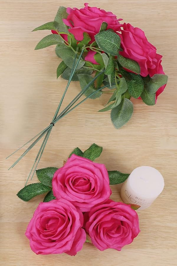 NEVISI Roses Artificial Flowers Artificial Roses Fake Rose Silk Rose Fake Flowers with Stems for DIY Wedding Bouquets Party Tables Centerpieces Floral Arrangements (16, Hot Pink) by NEVISI - Image 5